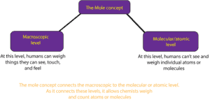 A concept map that connects the mole concept to the macroscopic and molecular level